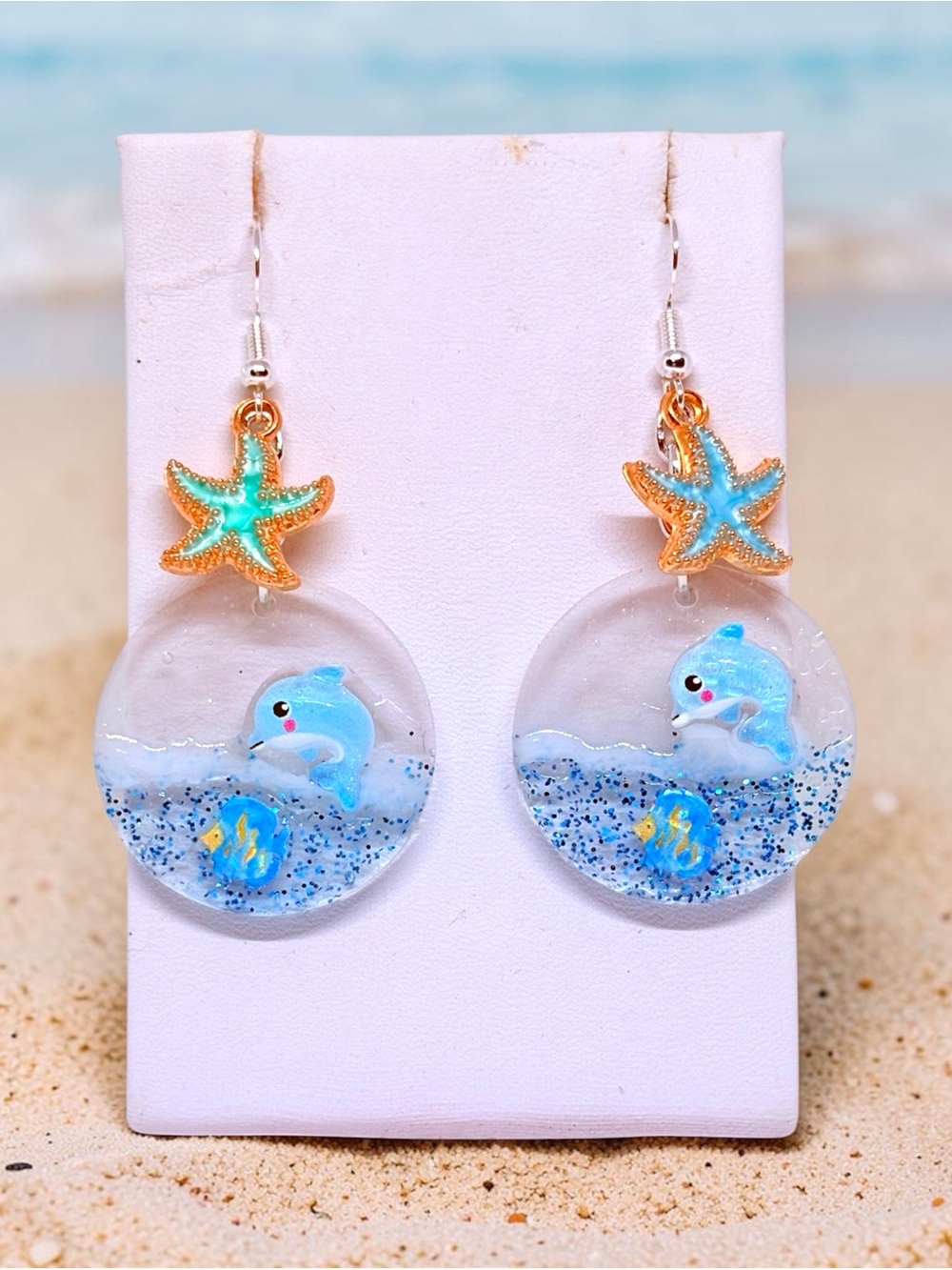 Blue Dolphin Starfish Drop Earrings - Cute Ocean-Themed Jewelry